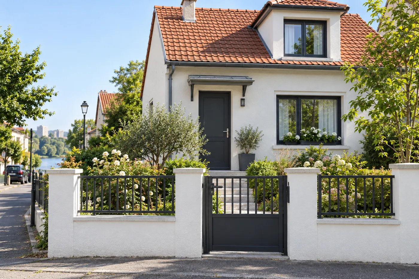 Pavillon avec porte d'entrée gris foncé et portail, près des bords de Seine