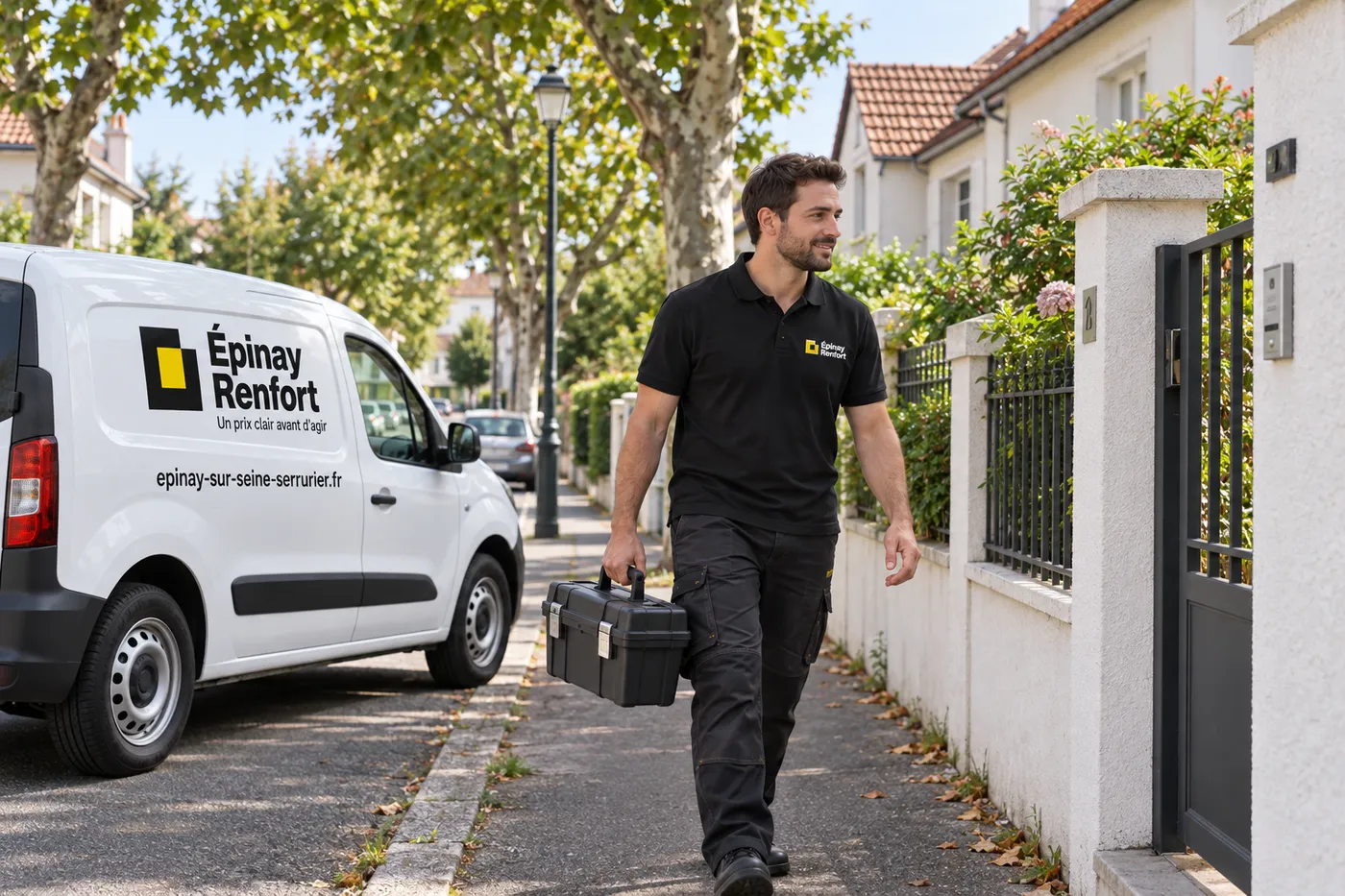 Véhicule Épinay Renfort garé dans une rue pavillonnaire d'Épinay-sur-Seine, l'artisan en polo noir rejoint un portail